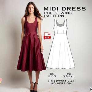 Könnte beinhalten: Ein Schnittmuster für ein Midi-Kleid. Das Schnittmuster ist in den Größen US 2-30 und EU XS-4XL erhältlich. Das Schnittmuster ist in den Formaten US Letter und A0 erhältlich.