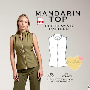 Mandarin Neck Top Sewing Pattern, T-Shirt PDF Sewing Pattern Instant Download, US Sizes 2-30, Eu Xs-4xl Plus Size Pattern, Top patterns