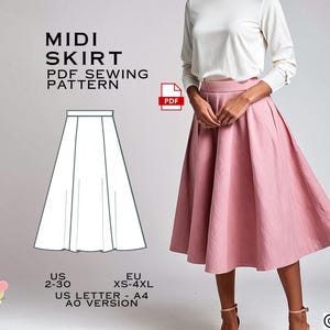 Patrón de costura de falda midi, patrón de costura de falda por debajo de la rodilla en PDF, descarga instantánea, falda larga fácil en formato PDF digital, tallas de mujer 00-32, tallas grandes