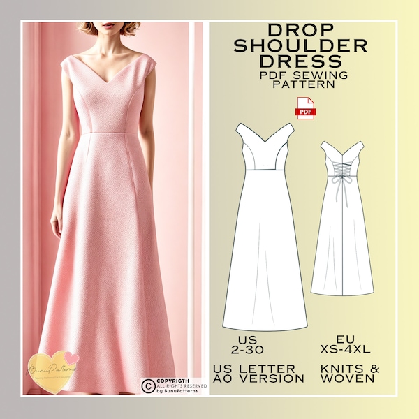 A-Line Full Length Dress Sewing Pattern, Drop Shoulder Dress PDF Sewing Pattern, Easy Digital Pdf, Plus Size Pattern, Prom Graduation