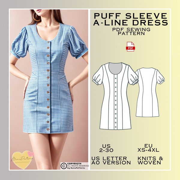Puff Sleeve Button Down Sewing Pattern, A-Line Dress PDF Sewing Pattern, Dress Layered Pattern, Eu Xs-4xl, US Sizes 2-30, Plus Size, 3xl 4xl
