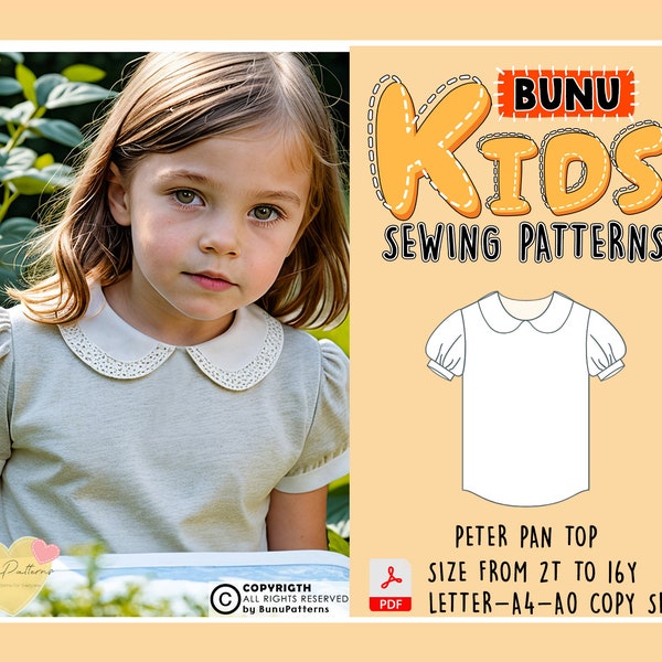 Girl Peter Pan Collar Top Sewing Pattern, Bishop Sleeve Girl T-Shirt PDF Sewing Pattern, Kid Sewing Patterns, 2T-16Y Sizes, Instant Download