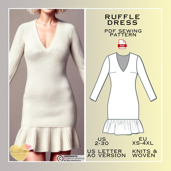V Neck Ruffle Dress Sewing Pattern, Mini Dress PDF Sewing Pattern Instant Download, US Sizes 2-30 Eu Sizes Xs-4xl, Plus Size Patterns
