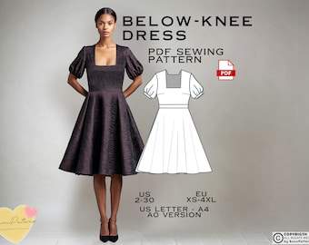 Puede incluir: Vestido por debajo de la rodilla en color marrón oscuro con escote cuadrado y mangas abullonadas cortas. La imagen incluye un patrón de costura PDF y el texto "BELOW-KNEE DRESS". El vestido es modelado por una persona.