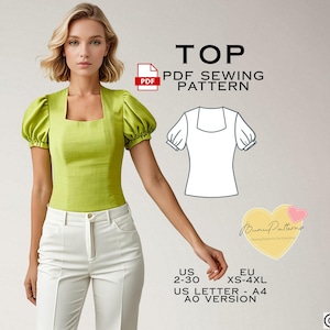 May include: PDF sewing pattern for a top with puff sleeves. The pattern includes sizes US 2-30 and EU XS-4XL. The pattern is available in US Letter and A0 sizes.