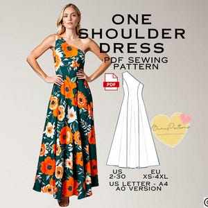 One Shoulder Dress Sewing Pattern, Prom Dress PDF Sewing Pattern, Evening Dress Pattern, US Sizes 2-30, Plus Size Pattern