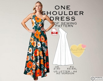 One Shoulder Flared Skirt Dress PDF Sewing Pattern (Ankle Length)