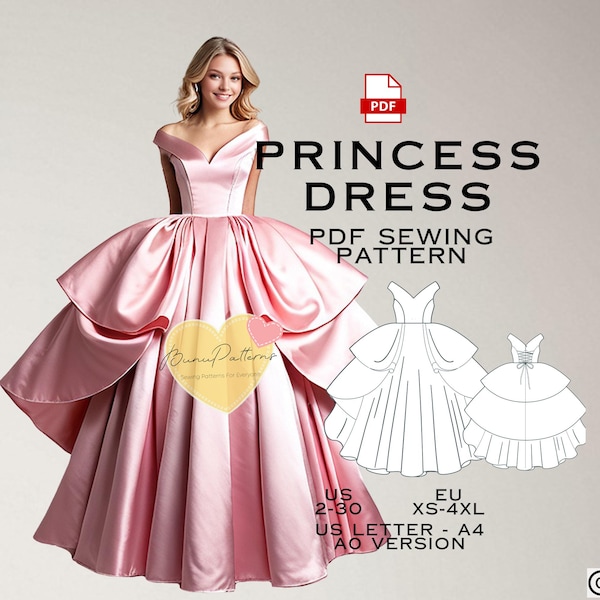 Princess Wedding Dress Sewing Pattern: Mid Century Ball Gown, US Sizes 2-30 (PDF Pattern)