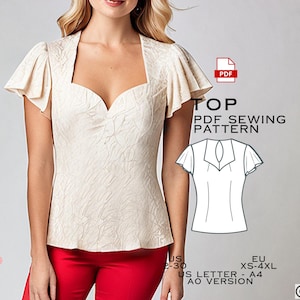 Sweetheart Neck Flared Sleeve Top Sewing Pattern (PDF Pattern)