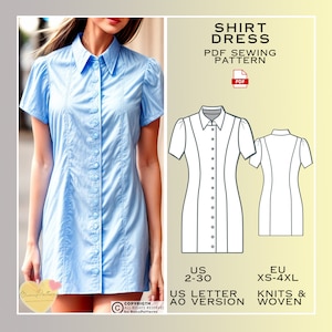 Shirt Collar Dress Sewing Pattern, Everday Dress, PDF Sewing Patterns, Summer Dress, US Size 2-30 Plus Size, Eu Xs-4xl 3xl 2xl xl, Plus Size