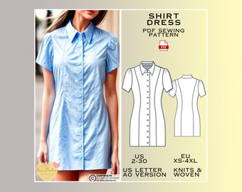 Shirt Collar Dress Sewing Pattern, Everday Dress, PDF Sewing Patterns, Summer Dress, US Size 2-30 Plus Size, Eu Xs-4xl 3xl 2xl xl, Plus Size