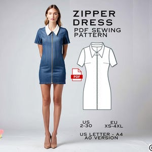 May include: A PDF sewing pattern for a zipper dress. The pattern includes sizes US 2-30 and EU XS-4XL. The pattern is available in US Letter size and A0 version.