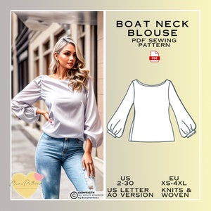 May include: A digital sewing pattern for a boat neck blouse with long, puffed sleeves. The pattern is available in sizes XS-4XL and is suitable for knit and woven fabrics. The pattern is in US letter size and includes instructions for sewing the blouse.