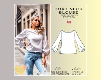 May include: A digital sewing pattern for a boat neck blouse with long, puffed sleeves. The pattern is available in sizes XS-4XL and is suitable for knit and woven fabrics. The pattern is in US letter size and includes instructions for sewing the blouse.