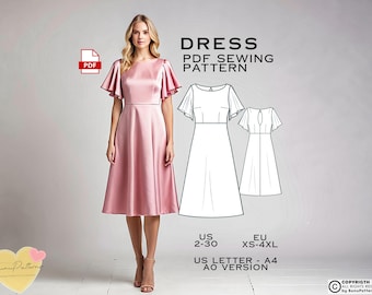 Puede incluir: Un patrón de costura PDF para un vestido con mangas de volantes. El patrón está disponible en las tallas US 2-30 y EU XS-4XL. El patrón se imprime en papel A4 y está disponible en una versión AO.