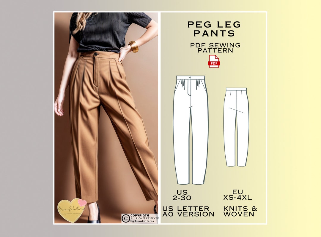 Pleated Peg Leg Pants Sewing Pattern Cosy Everyday Trousers PDF Sewing Pattern Instant Download Ladies Sizes 2 30 Plus Size Pattern Etsy