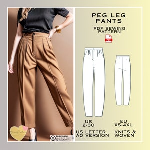 Pleated Peg Leg Pants Sewing Pattern, Cosy Everyday Trousers PDF Sewing Pattern Instant Download, Ladies Sizes 2-30, Plus Size Pattern