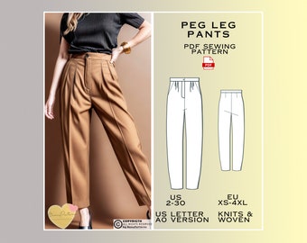 Pleated Peg Leg Pants Sewing Pattern: Ladies Sizes 2-30 (PDF Pattern)