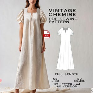 Renaissance Chemise Sewing Pattern: Vintage Nightgown Dress (US Sizes 2-30) (PDF Pattern)