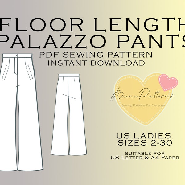 Pocket Palazzo Pants Sewing Pattern, Pants Trousers PDF Sewing, Instant Download, Easy Digital Pdf, US Sizes 2-30, Plus Size Pattern