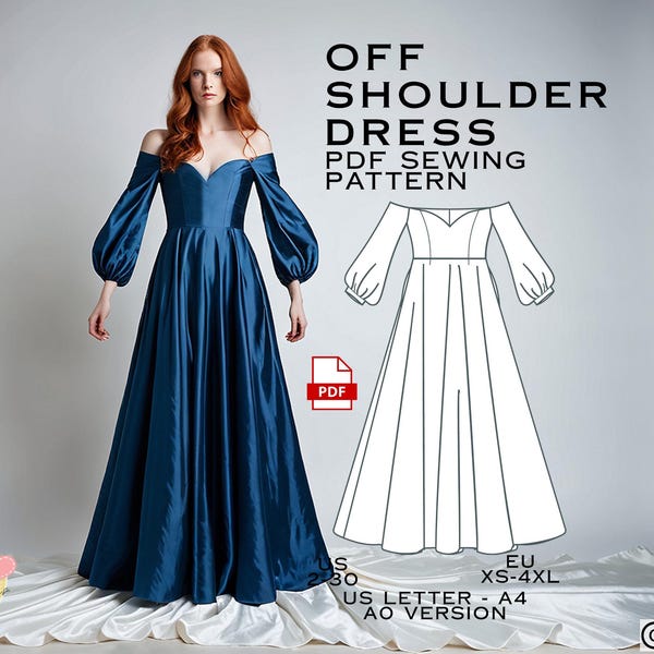 Off Shoulder Sweetheart Dress Sewing Pattern: Prom & Bridesmaid (PDF Pattern)