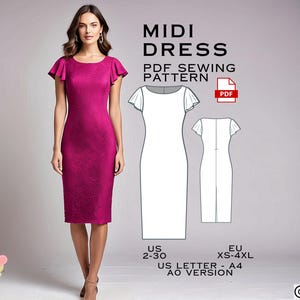 Pencil Midi Dress Sewing Pattern: Women&#39;s Sizes 2-30 (PDF)