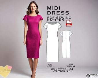 May include: A sewing pattern for a midi dress with flutter sleeves. The pattern is available in sizes US 2-30 and EU XS-4XL. The pattern is printed on A4 paper and is available in an A0 version. The pattern is for a midi dress with flutter sleeves.