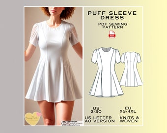 Puffärmel Kleid Schnittmuster, PDF Schnittmuster-Sofort-Download, Easy Digital Pdf, US-Größen 2-30, Plus Size Pattern, Cute Kleider