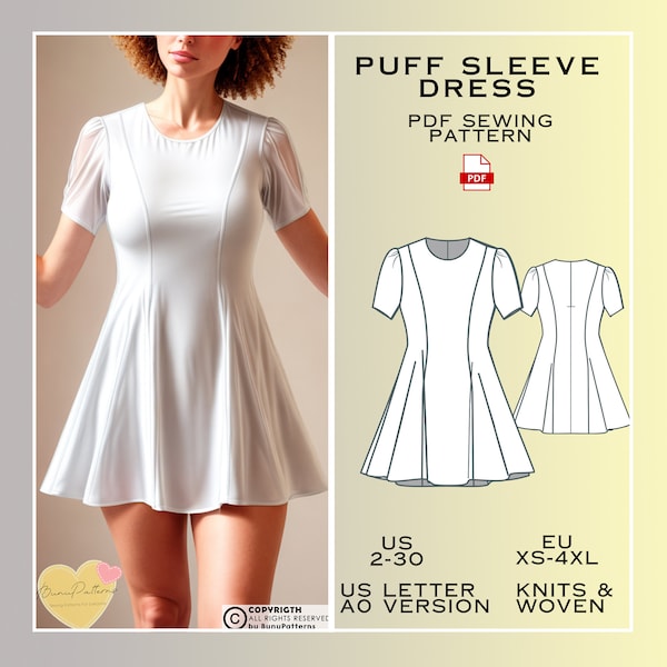 Puff Sleeves Dress Sewing Pattern, PDF Sewing Pattern Instant Download, Easy Digital Pdf, US Sizes 2-30, Plus Size Pattern, Cute Dresses