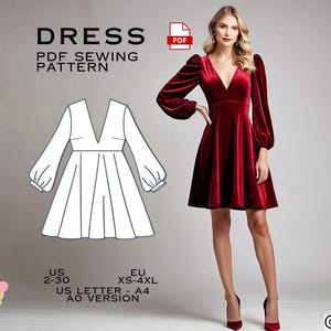V-Ausschnitt Samt Flare Kleid Schnittmuster (PDF)