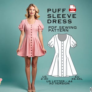 Puff Sleeve Button Down Dress Sewing Pattern, PDF Sewing Pattern Instant Download, Easy Digital Pdf, US Sizes 2-30, Plus Size Dresses