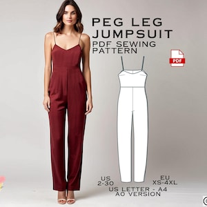 Peg Leg Jumpsuit Schnittmuster, Overall PDF Schnittmuster Sofort-Download, Easy Digital Pdf, US-Größen 2-30, Plus Size Pattern, Latzhose