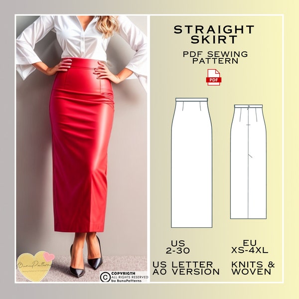 Straight Skirt Sewing Pattern, Modest Skirt PDF Sewing Pattern Instant Download, US 2-30, Eu xs-4xl, Plus Size Pattern, Maxi Skirt Patterns