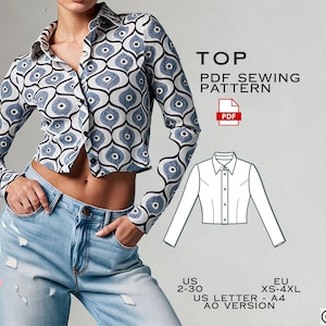 Fitted Crop Top Sewing Pattern, Shirt Collar PDF Sewing Pattern Instant Download, US Sizes 2-30, Eu Xs-4xl Plus Size Pattern, Tee Patterns