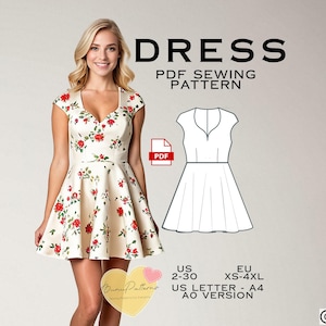 Sweetheart Neckline Dress Sewing Pattern: Vintage Style, US 2-30 (PDF Pattern)