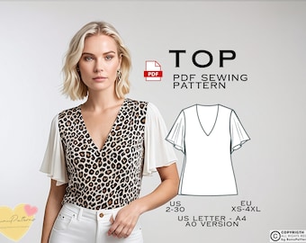 May include: A PDF sewing pattern for a top with a V-neck and short sleeves. The pattern is available in sizes US 2-30 and EU XS-4XL. The pattern is for a US Letter size paper and is an A0 version.