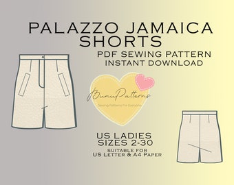 Patron de couture de shorts Palazzo Jamaica, couture PDF de shorts larges avec poche, téléchargement immédiat, numérique facile, tailles US 2-30, patrons grande taille