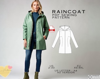 Hooded Raincoat Sewing Pattern: Women's Overcoat (US Sizes 2-30) (PDF Pattern)