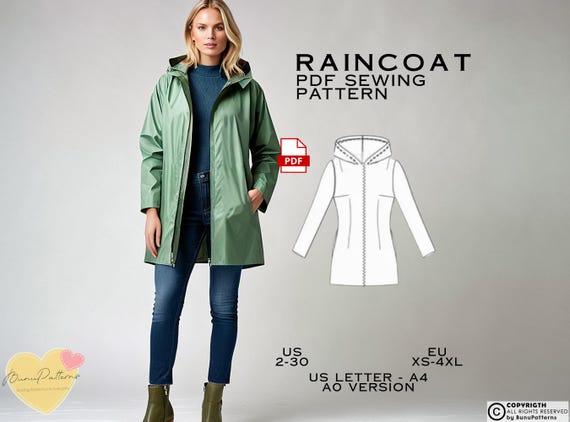Hooded Raincoat PDF Sewing Pattern, Women's Overcoat Digital Pattern