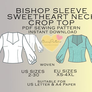 Molde de Costura para Blusa Curta com Manga Bishop: Gola Coração, Tamanho Grande (Download em PDF)