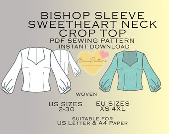 Bishop Sleeves Crop Sewing Pattern, Sweetheart Top PDF Sewing Pattern Instant Download, US Sizes 2-30, Plus Size Pattern, Vintage Shirt