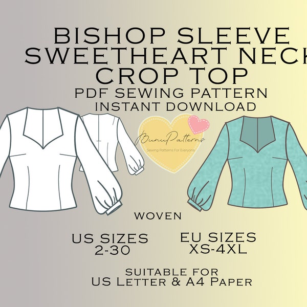 Bishop Sleeves Crop Sewing Pattern, Sweetheart Top PDF Sewing Pattern Instant Download, US Sizes 2-30, Plus Size Pattern, Vintage Shirt