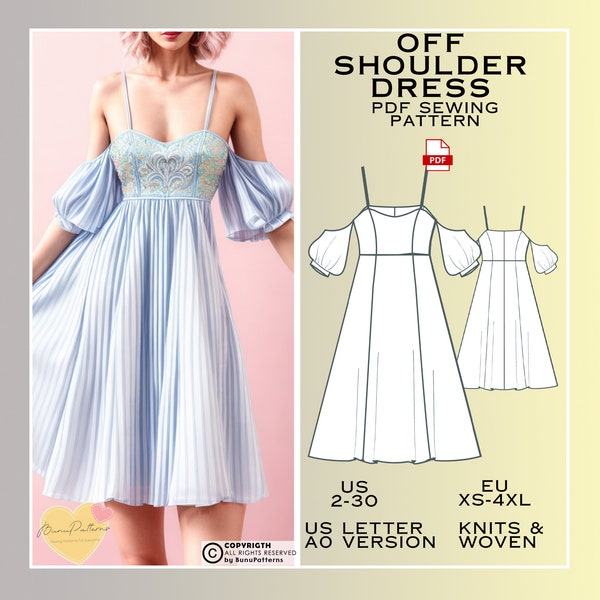 Midi Dress Princess Bust Pdf Sewing Pattern, Graduation Dress Pattern, Plus Size Dress Easy Digital Pdf, US Sizes 2-30, S M L XL 2XL 3XL 4XL