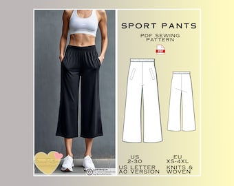 Wide Leg Sport Pants Sewing Pattern, Elastic Waistband PDF Sewing, Instant Download, US 2-30, Eu Xs 4xl, Plus Size Patterns, Knit Trousers