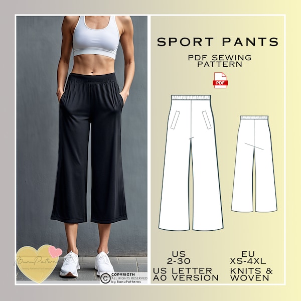 Wide Leg Sport Pants Sewing Pattern, Elastic Waistband PDF Sewing, Instant Download, US 2-30, Eu Xs 4xl, Plus Size Patterns, Knit Trousers