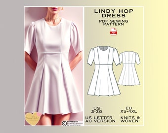 Lindy Hop Dance Dress Sewing Pattern, PDF Sewing Pattern Instant Download, US Sizes 2-30, Plus Size Pattern, Vintage Dresses, Graduation