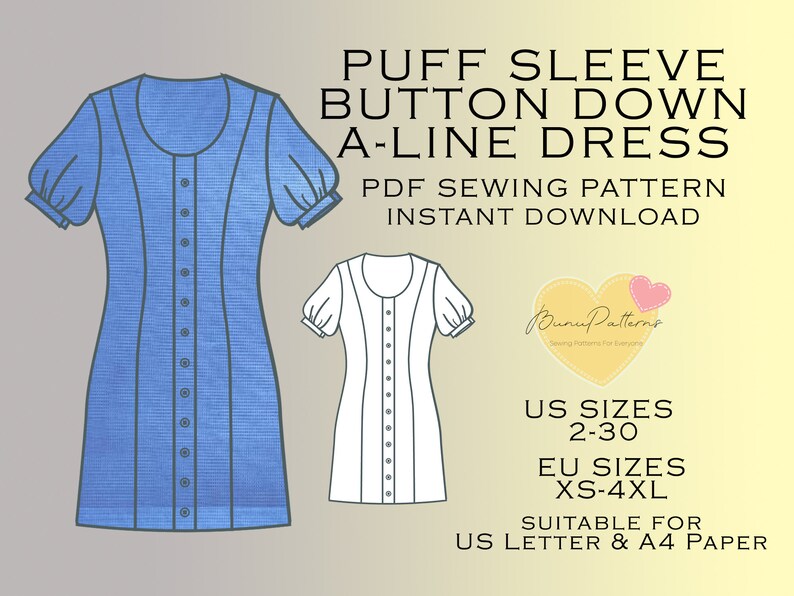 Puff Sleeve Button Down Sewing Pattern A-line Dress PDF - Etsy