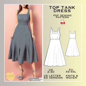 Top Tank Midi Dress Sewing Pattern, Prom Dress PDF Sewing Pattern Instant Download Bridesmaid Dress, US Sizes 2-30 Eu Sizes Xs-4xl Plus Size