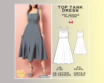 Top Tank Midi Dress Sewing Pattern, Prom Dress PDF Sewing Pattern Instant Download Bridesmaid Dress, US Sizes 2-30 Eu Sizes Xs-4xl Plus Size