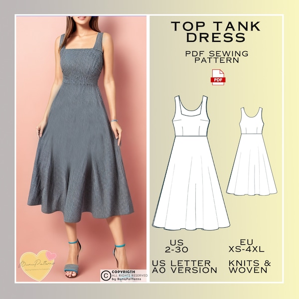 Top Tank Midi Dress Sewing Pattern, Prom Dress PDF Sewing Pattern Instant Download Bridesmaid Dress, US Sizes 2-30 Eu Sizes Xs-4xl Plus Size